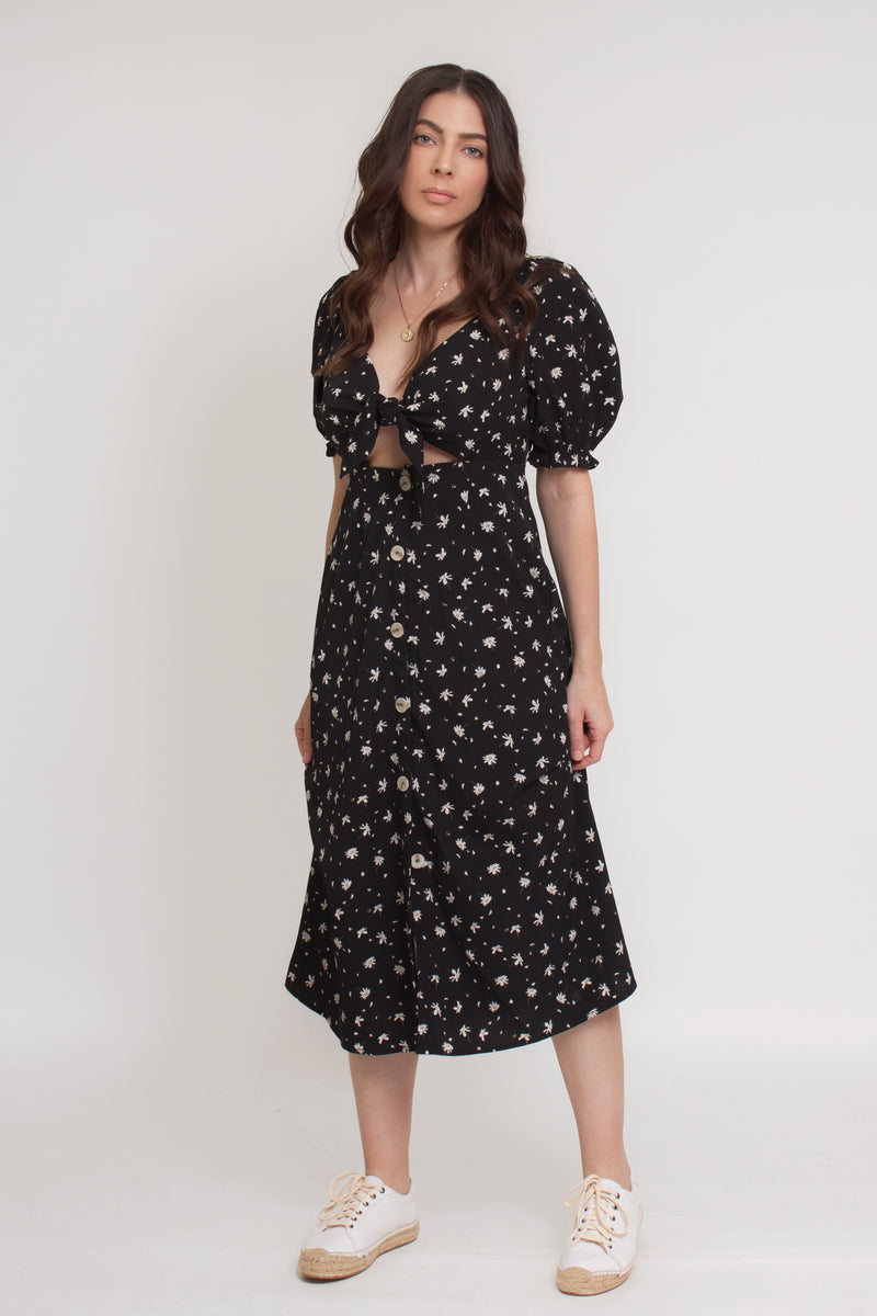 Floral button front midi dress with tie bust, in black. Image 10