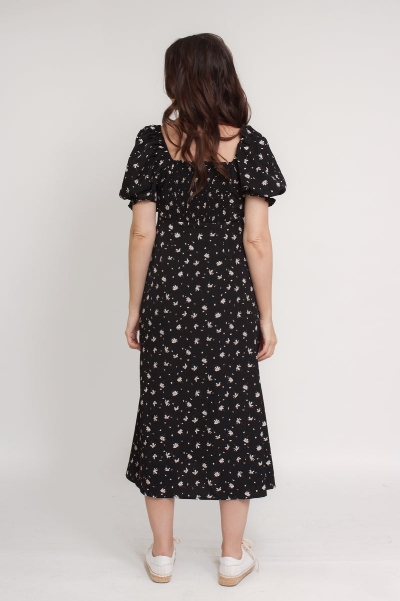 Floral button front midi dress with tie bust, in black. Image 13