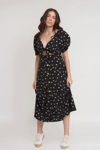 Floral button front midi dress with tie bust, in black. Image 16