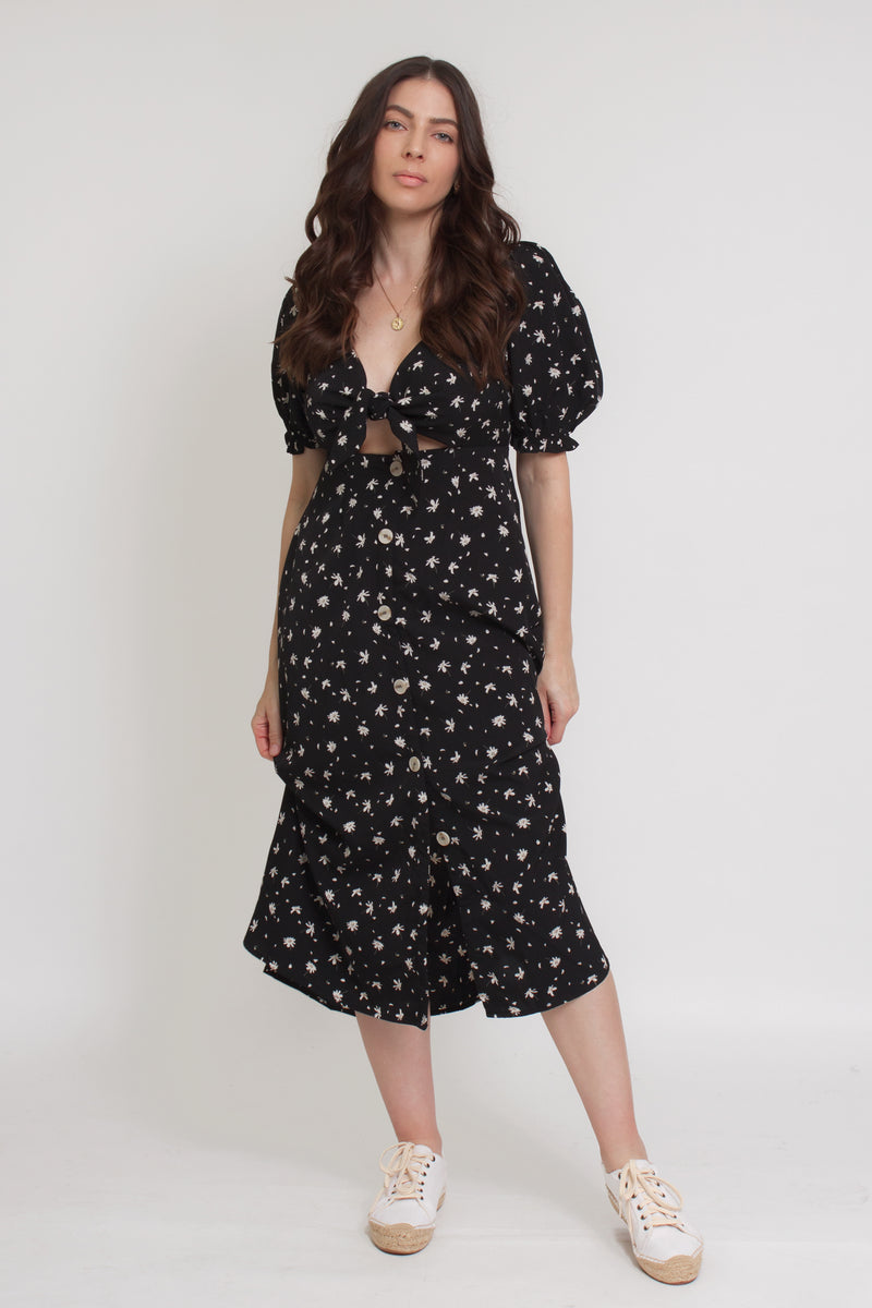 Floral button front midi dress with tie bust, in black. Image 19