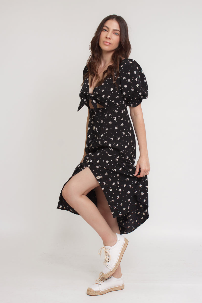 Floral button front midi dress with tie bust, in black. Image 4