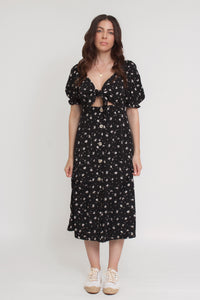 Floral button front midi dress with tie bust, in black. Image 5