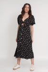 Floral button front midi dress with tie bust, in black. Image 6