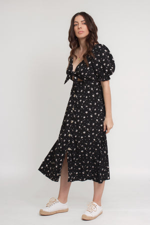 Floral button front midi dress with tie bust, in black. Image 9