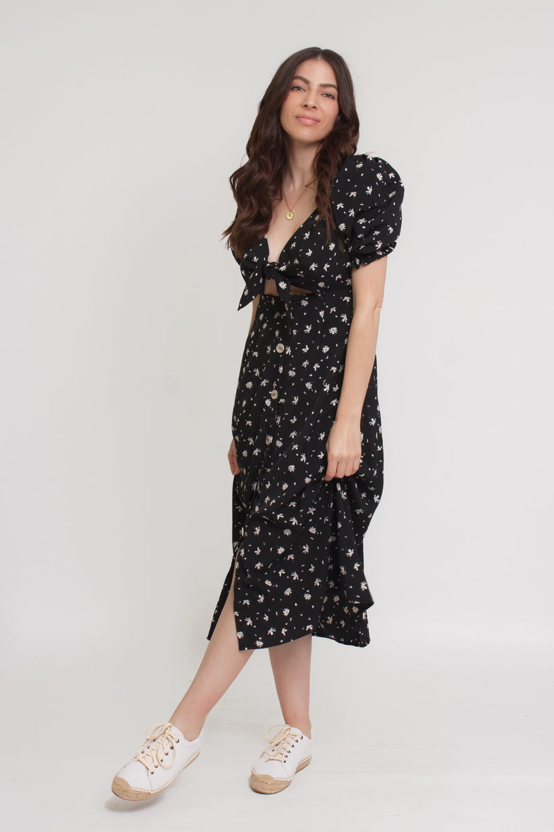 Floral button front midi dress with tie bust, in black. 