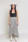 Floral print, tiered ruffle maxi skirt, in Black.