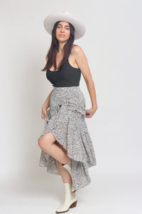 Floral print, tiered ruffle maxi skirt, in Black. Image 10