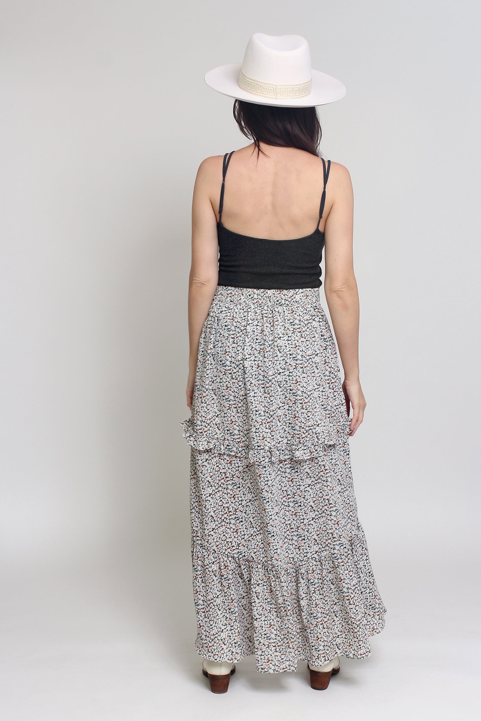 Floral print, tiered ruffle maxi skirt, in Black. Image 11