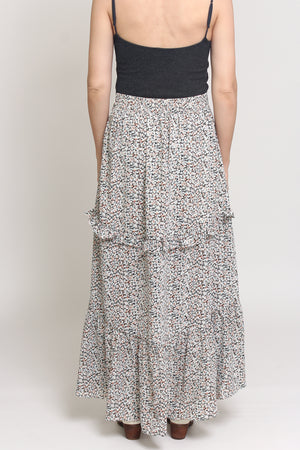 Floral print, tiered ruffle maxi skirt, in Black. Image 13
