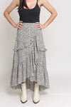 Floral print, tiered ruffle maxi skirt, in Black. Image 14