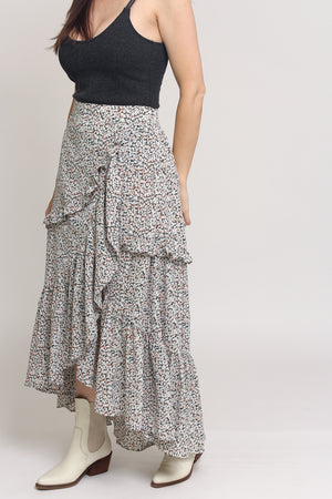 Floral print, tiered ruffle maxi skirt, in Black. Image 16
