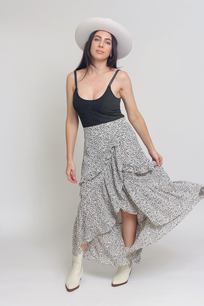 Floral print, tiered ruffle maxi skirt, in Black. Image 3