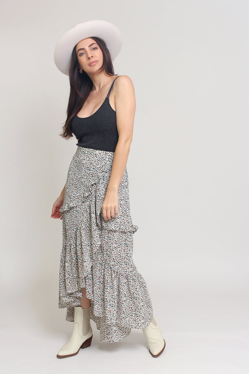 Floral print, tiered ruffle maxi skirt, in Black. Image 4
