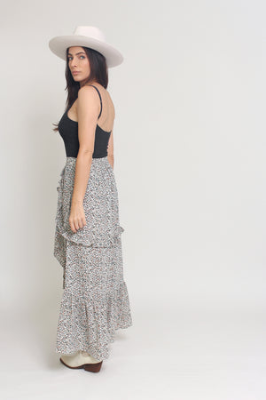 Floral print, tiered ruffle maxi skirt, in Black. Image 5