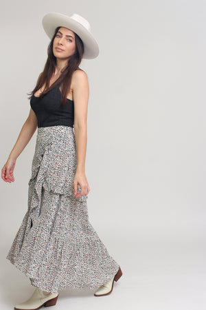 Floral print, tiered ruffle maxi skirt, in Black. Image 6