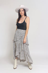 Floral print, tiered ruffle maxi skirt, in Black. Image 7