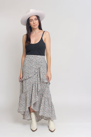 Floral print, tiered ruffle maxi skirt, in Black. Image 8