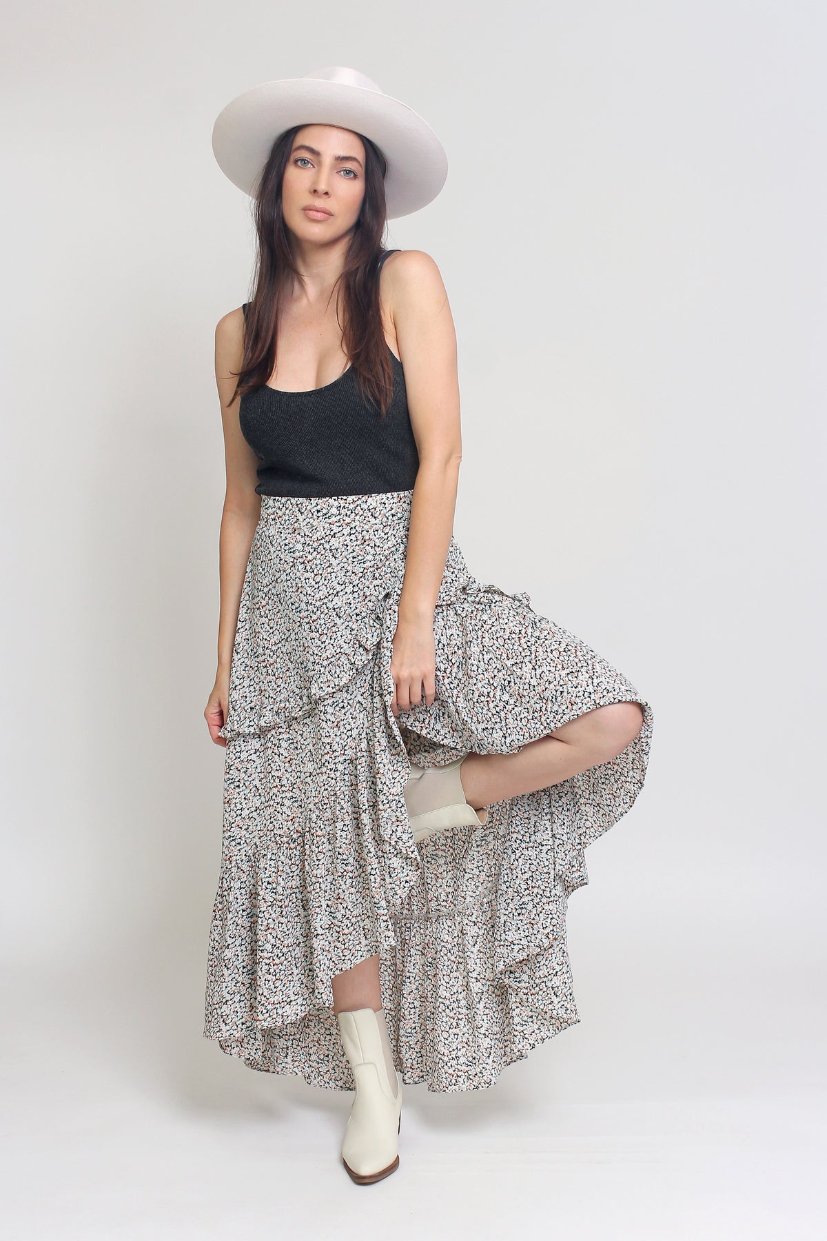 Floral print, tiered ruffle maxi skirt, in Black. Image 9