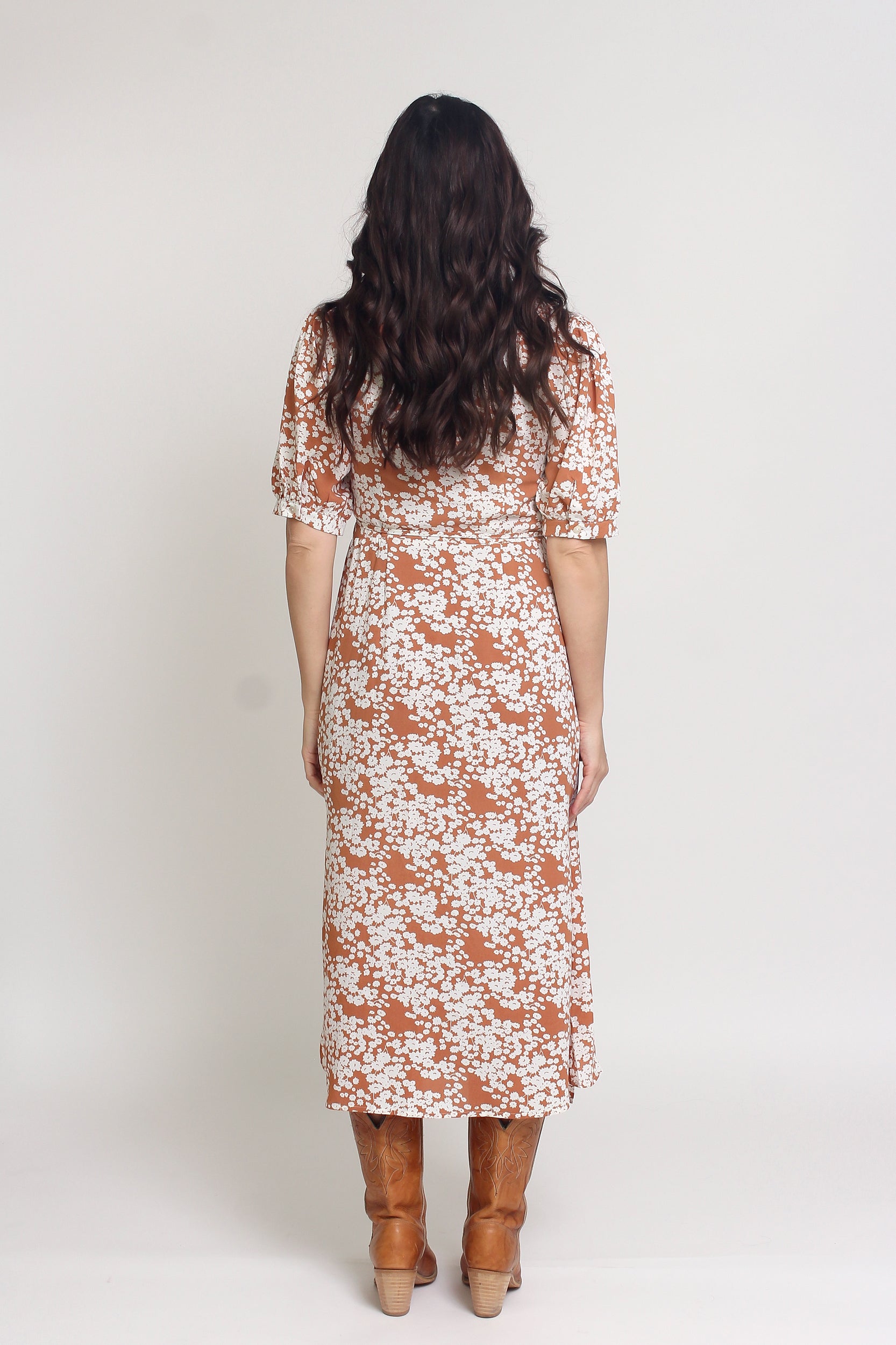 Floral print wrap midi dress, in rust. Image 10