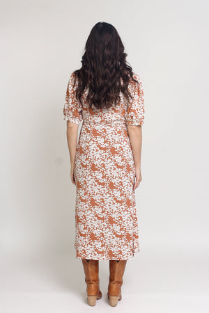 Floral print wrap midi dress, in rust. Image 10