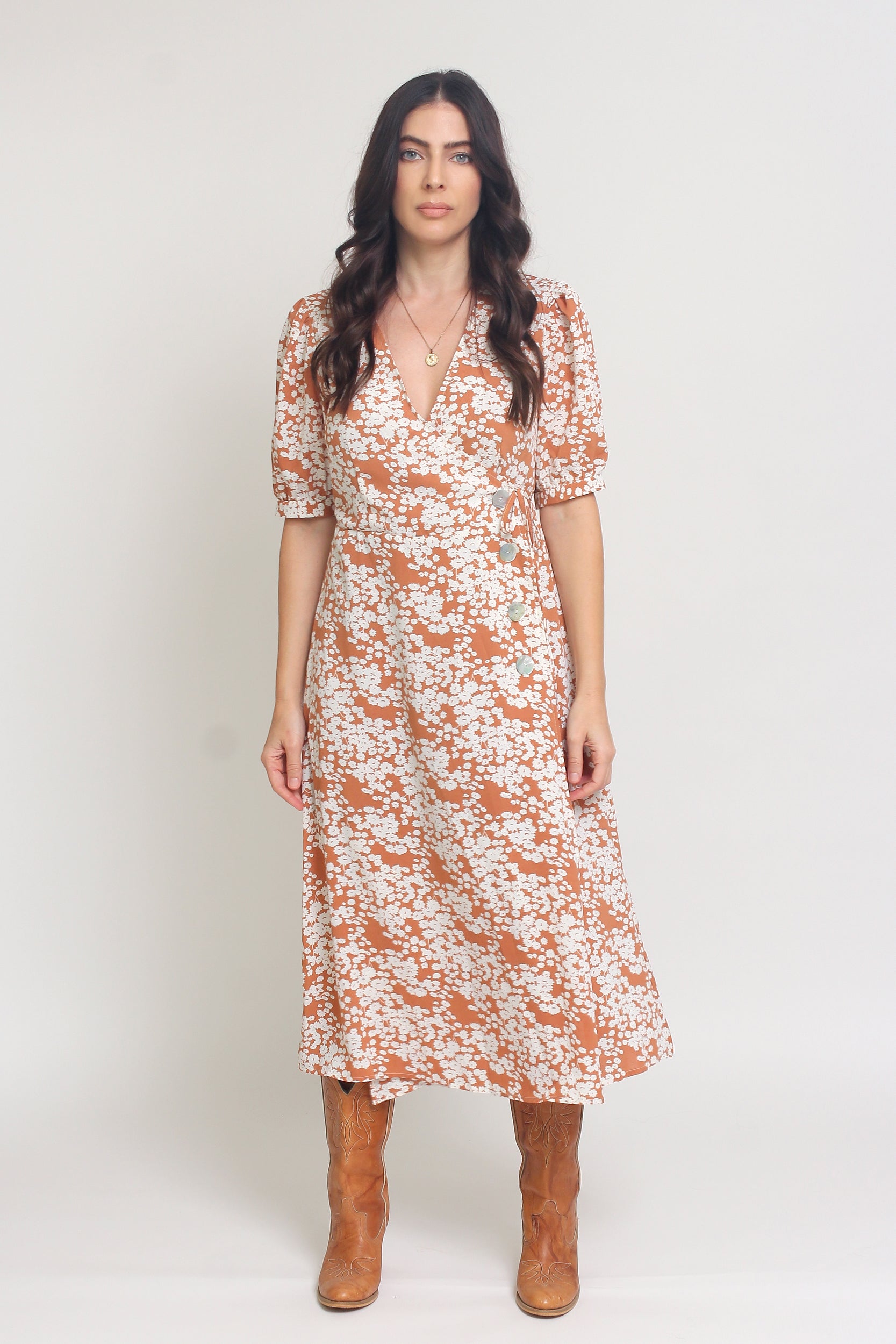 orange floral midi dress Crescent Lillie Floral Wrap Dress small