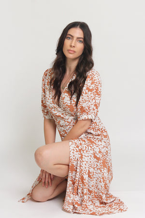 Floral print wrap midi dress, in rust. Image 13