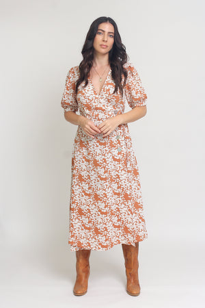 Floral print wrap midi dress, in rust. Image 2