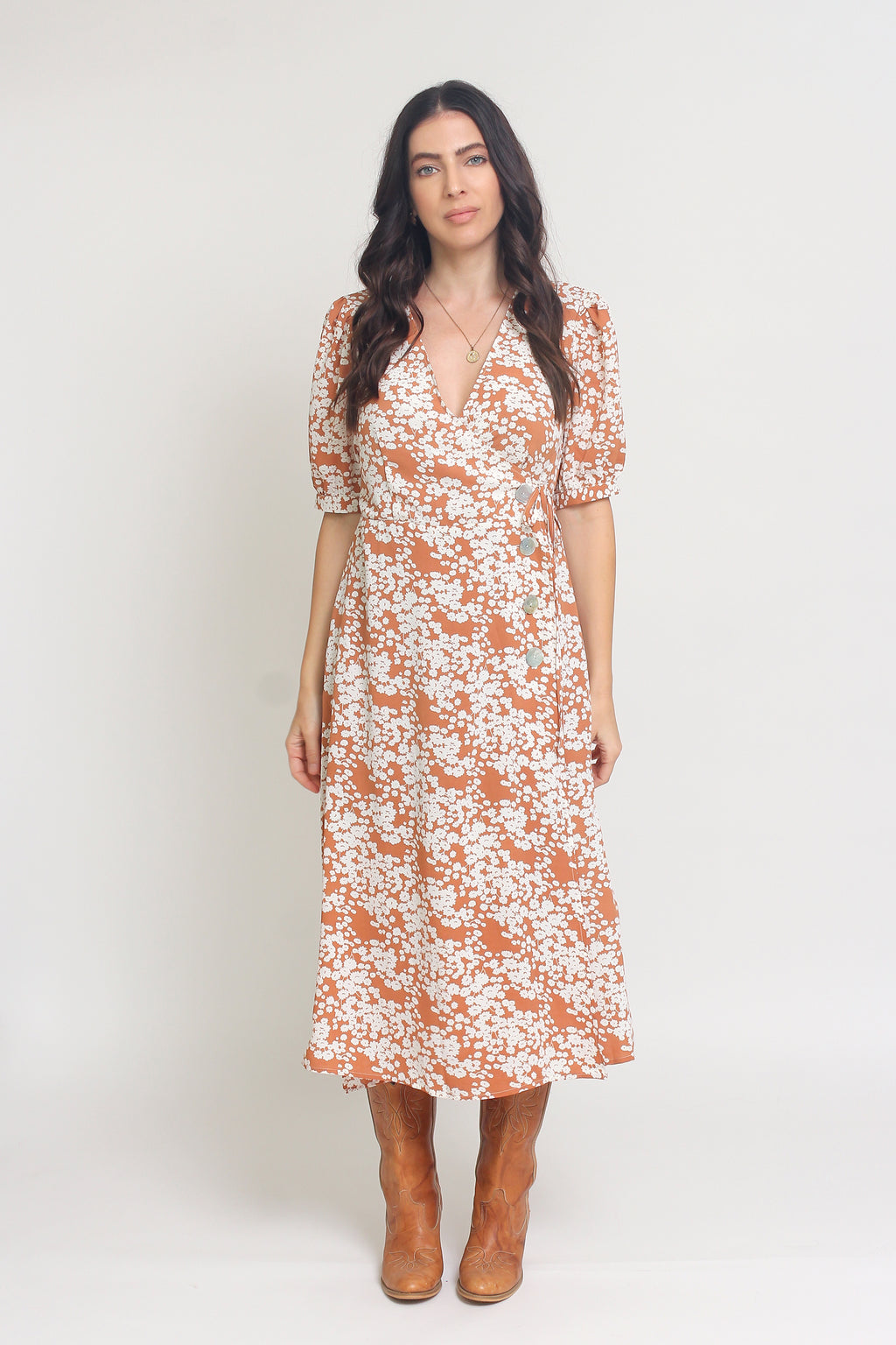 Floral print wrap midi dress, in rust. Image 3