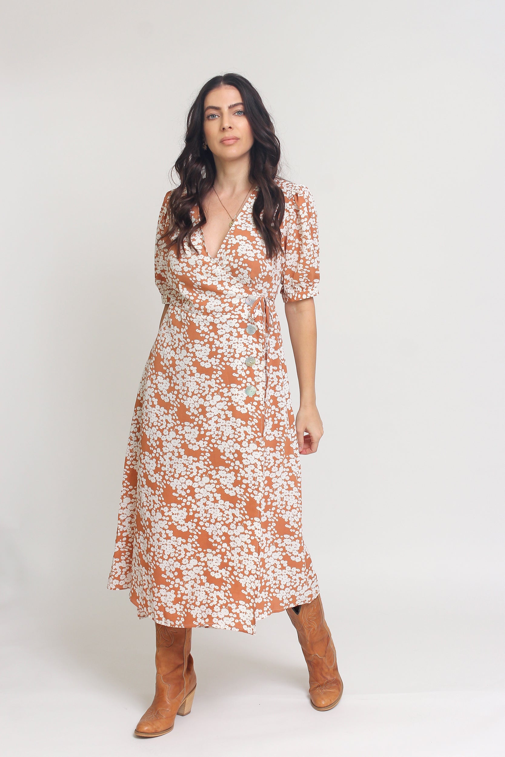 floral wrap midi dress Navy Blue Chiffon - Dress - Chiffon Dress neck and sleeveless cut enhance airy sophistication Cream White Embroidered Wrap Dress