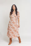 Floral print wrap midi dress, in rust. Image 5