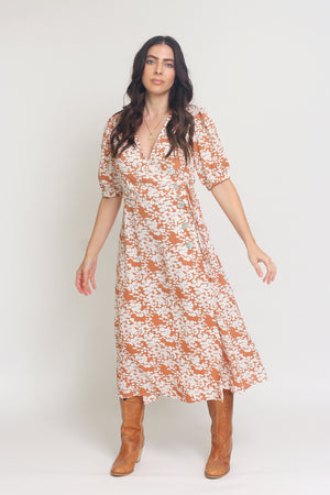 Floral print wrap midi dress, in rust. Image 6