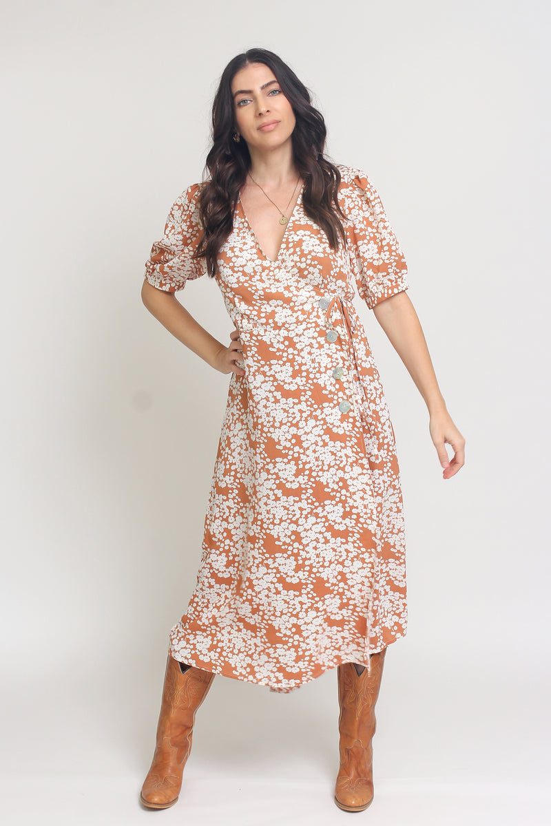 Floral print wrap midi dress, in rust. Image 7