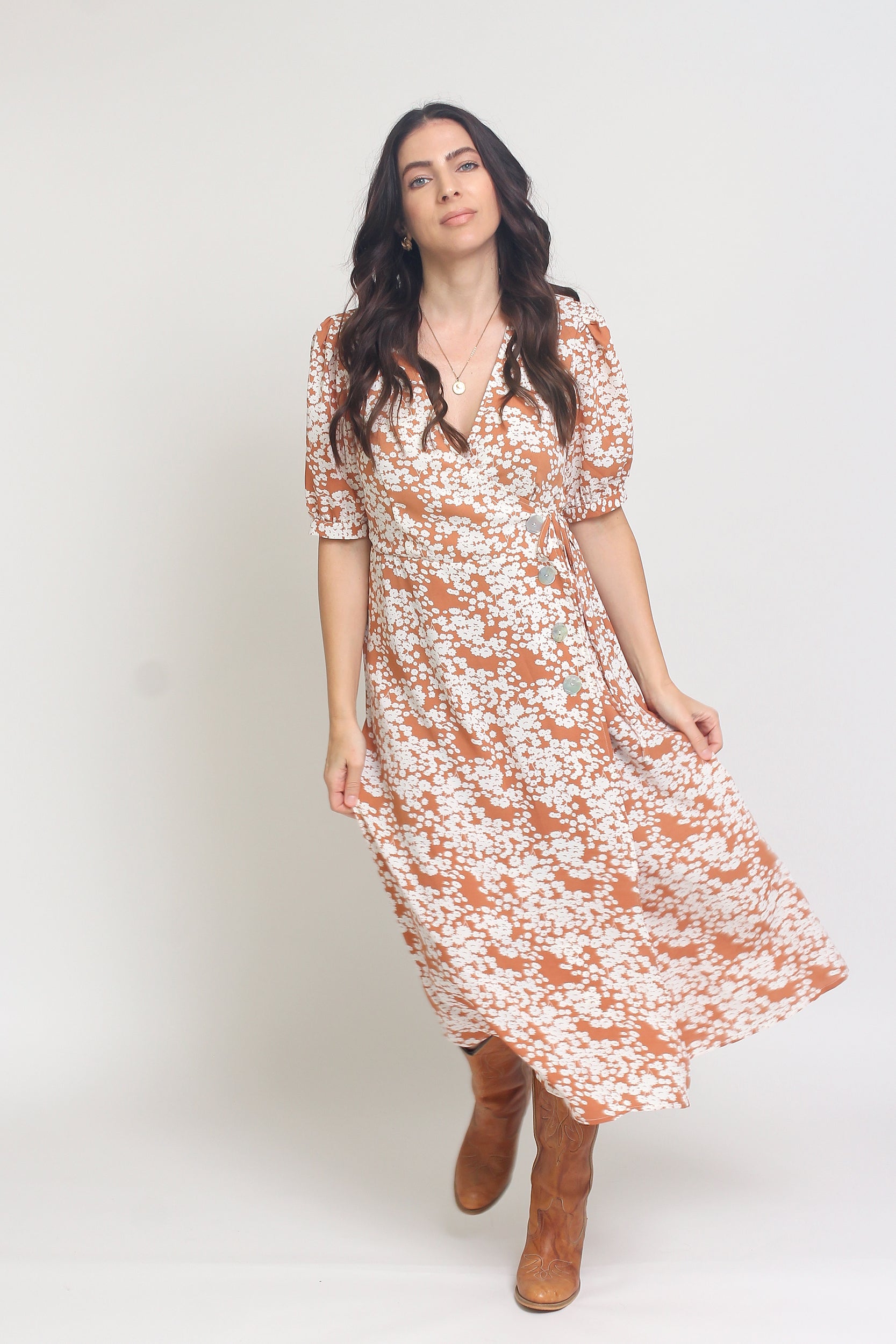 floral print wrap midi dress Plus Size Floral Midi Wrap Dress