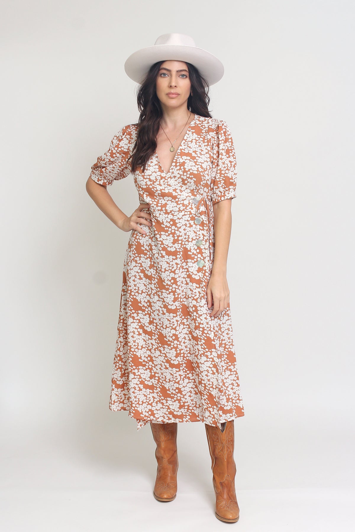 Floral print wrap midi dress, in rust.