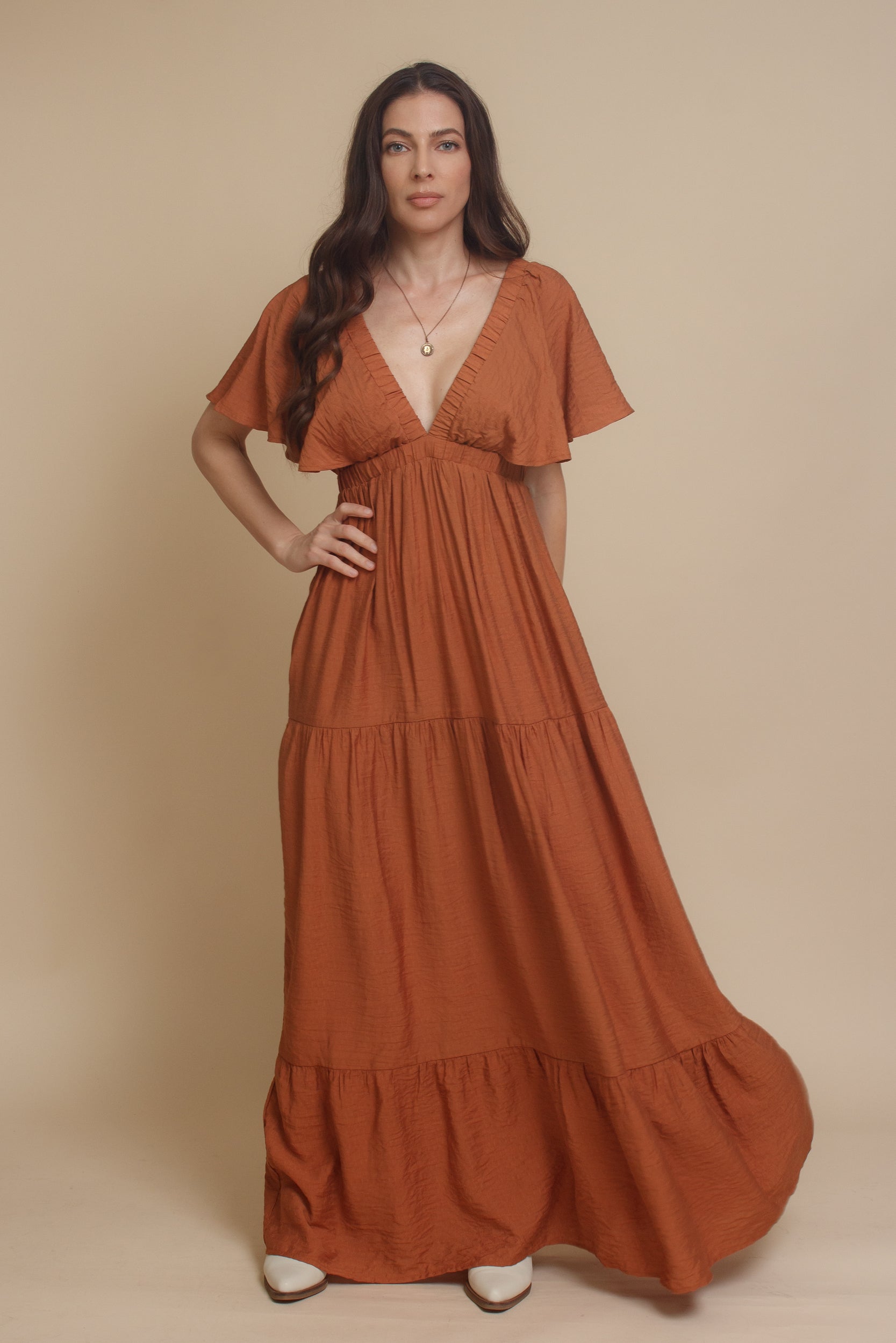 Wishlist Flutter Sleeve Tiered Maxi Dress Small / Sienna Wishlist Flutter Sleeve Tiered Maxi Dress Small / Sienna