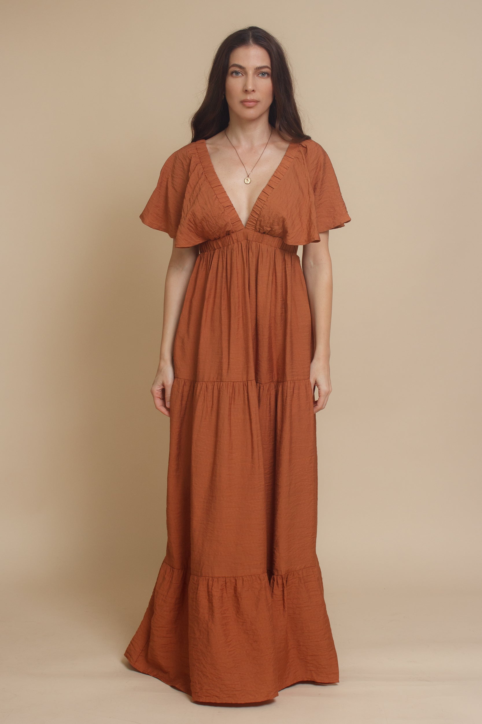 Wishlist Flutter Sleeve Tiered Maxi Dress Small / Sienna Wishlist Flutter Sleeve Tiered Maxi Dress Small / Sienna