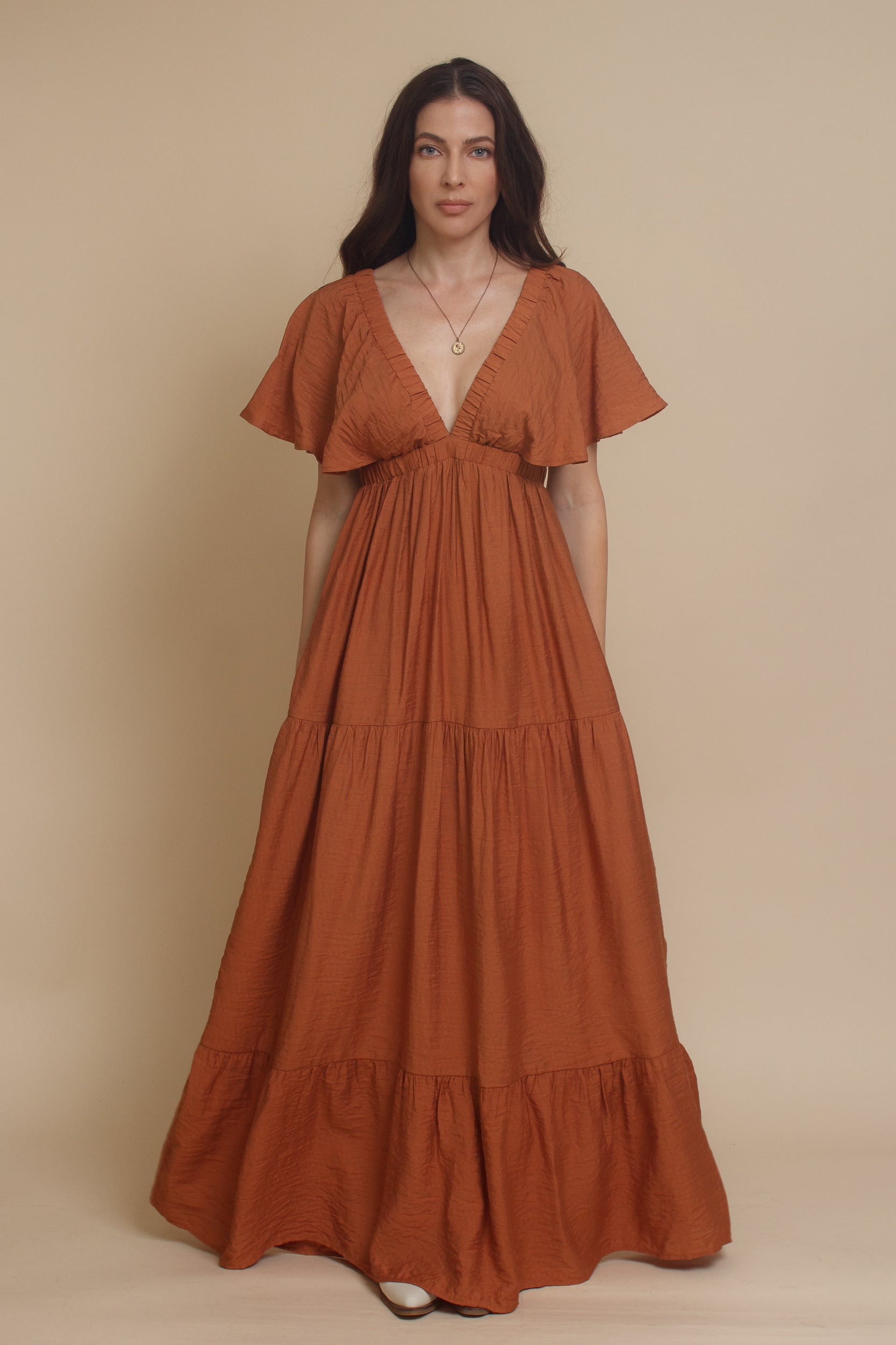Wishlist Flutter Sleeve Tiered Maxi Dress – Franklin Sunset