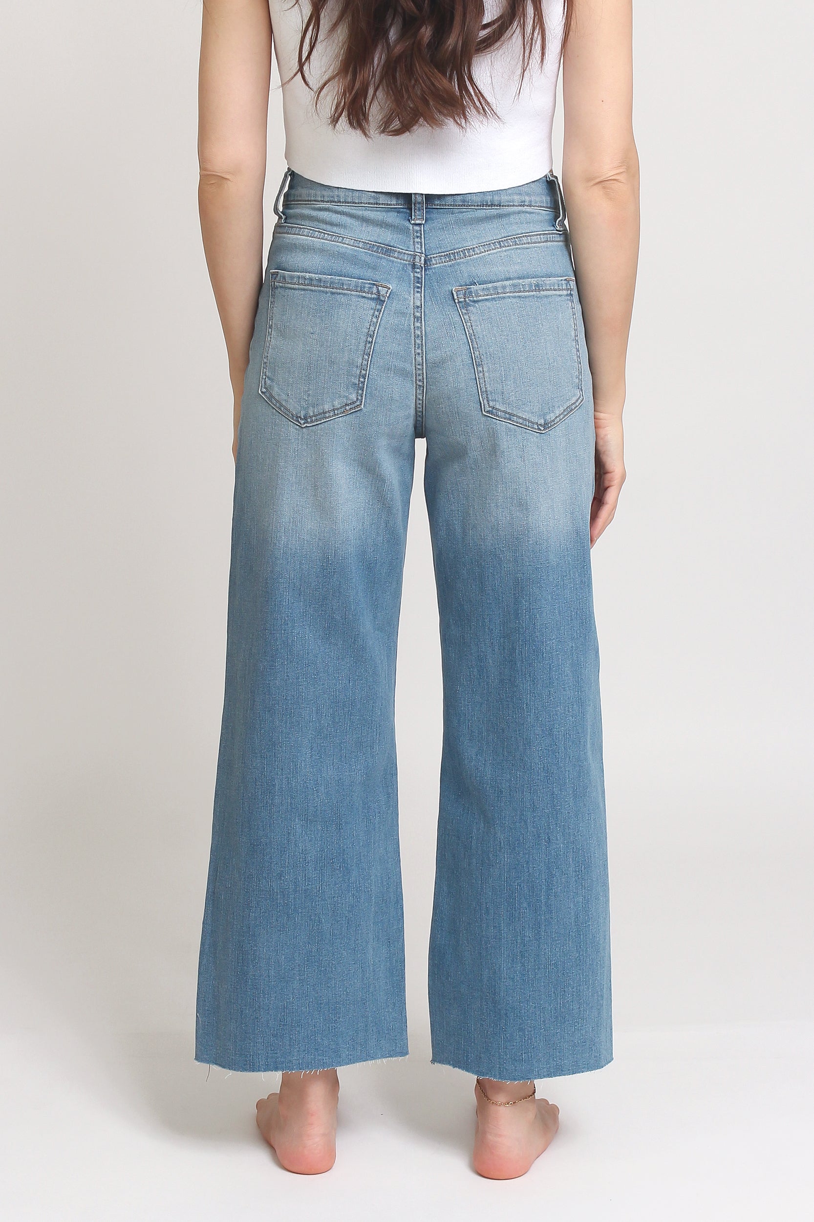 High waist, cut off cropped jeans, in Med/Light. Image 10