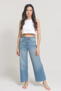 High waist, cut off cropped jeans, in Med/Light. Image 11