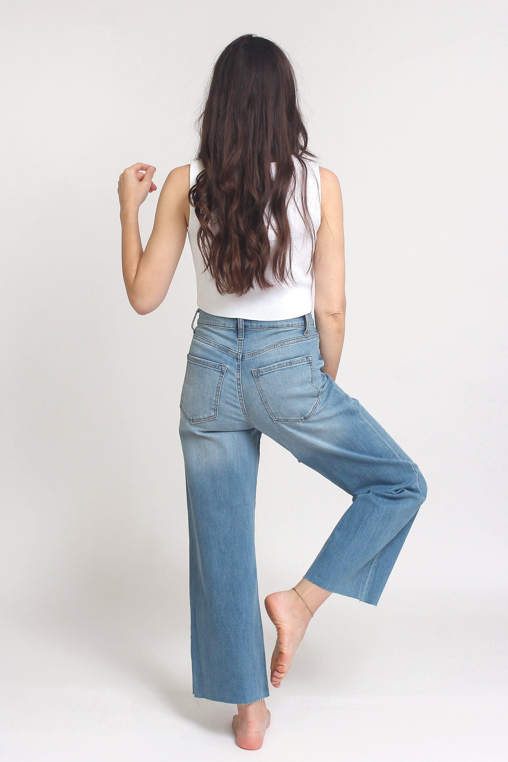 High waist, cut off cropped jeans, in Med/Light. Image 4