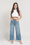 High waist, cut off cropped jeans, in Med/Light. Image 5