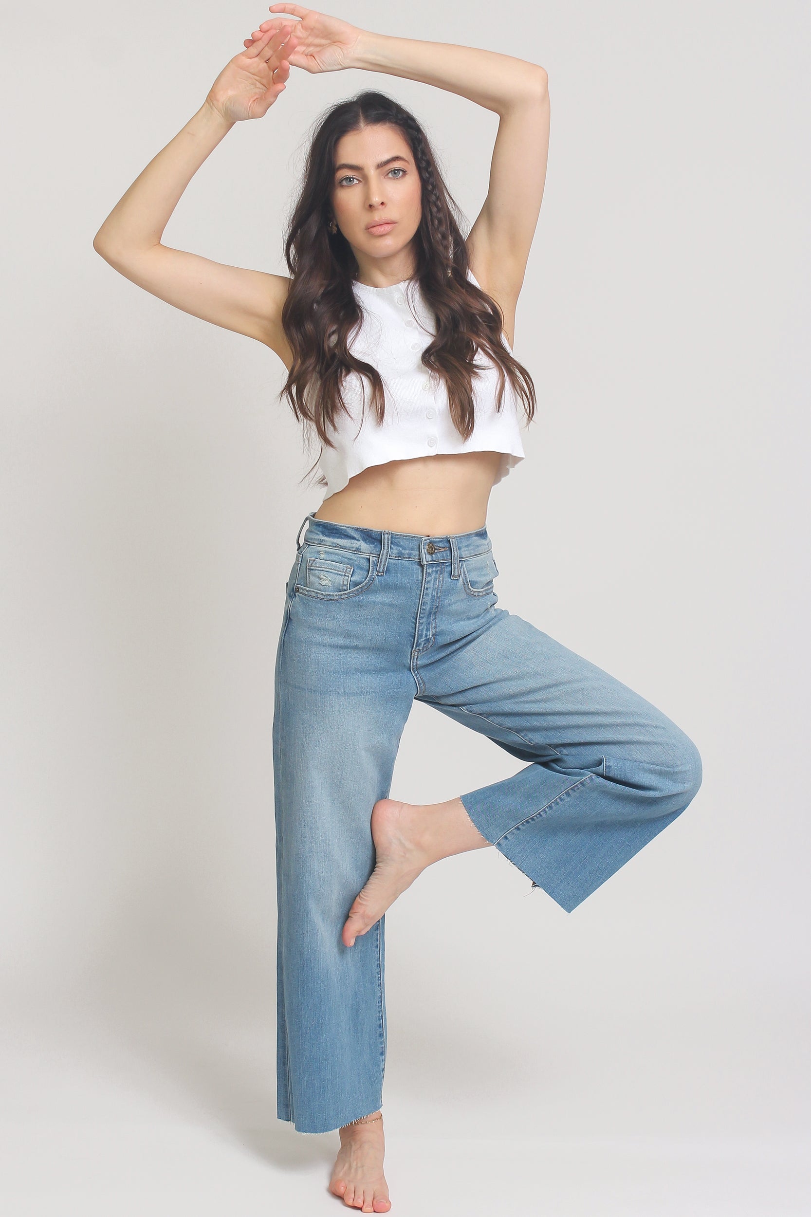 High waist, cut off cropped jeans, in Med/Light. Image 6