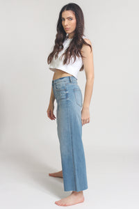 High waist, cut off cropped jeans, in Med/Light. Image 7