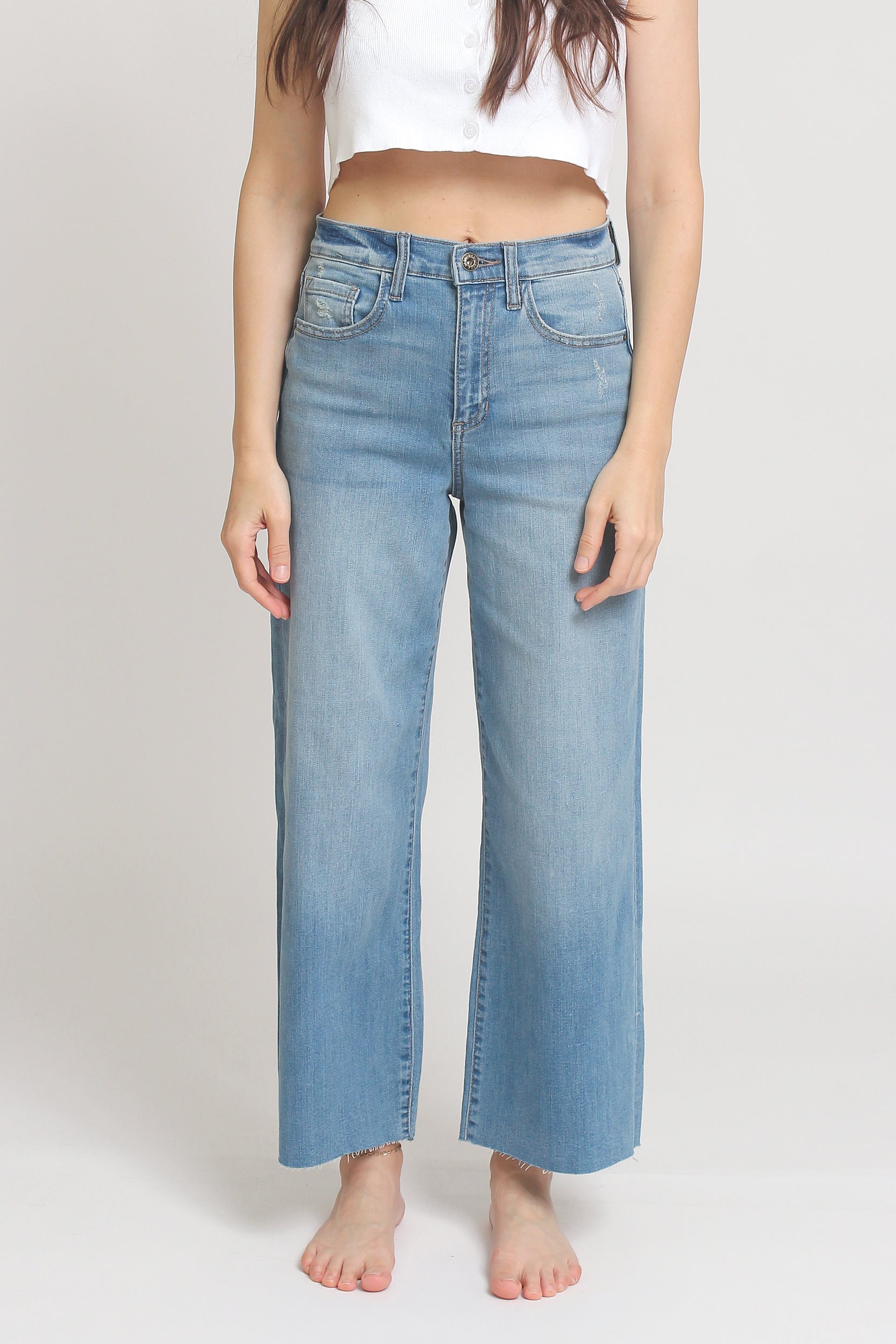 High waist, cut off cropped jeans, in Med/Light. Image 8