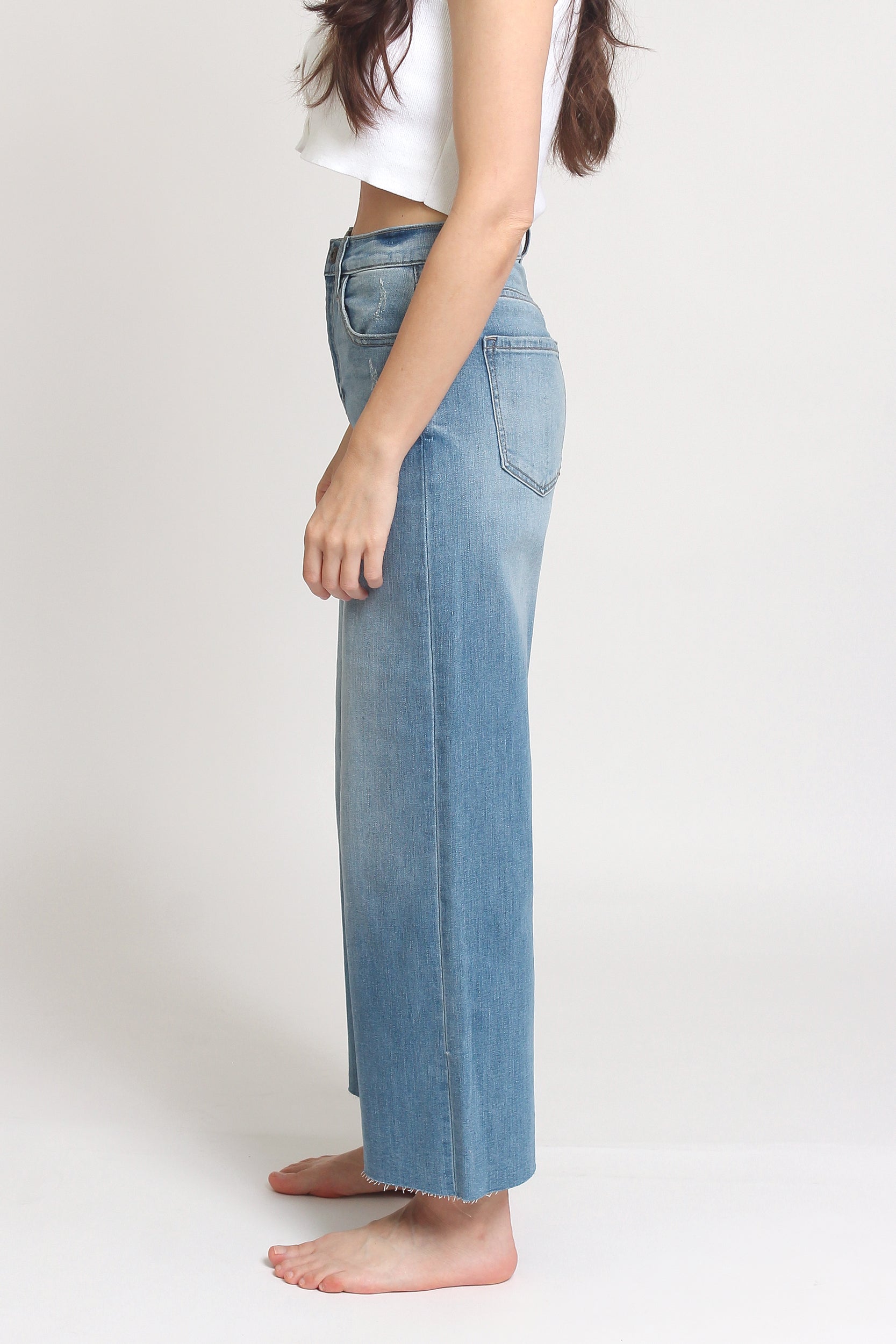 High waist, cut off cropped jeans, in Med/Light. Image 9