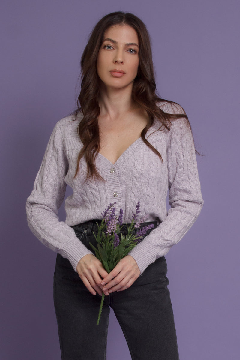 Sweetheart neckline cardigan with jeweled buttons, in lilac. Image 4