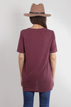 Knot front tee shirt, in dusty burgundy. Image 2