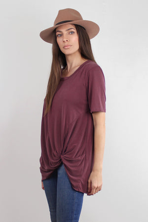 Knot front tee shirt, in dusty burgundy. Image 3
