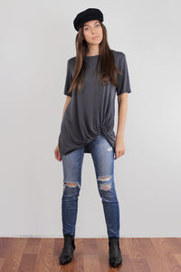 Knot front tee shirt, in dusty charcoal. Image 2