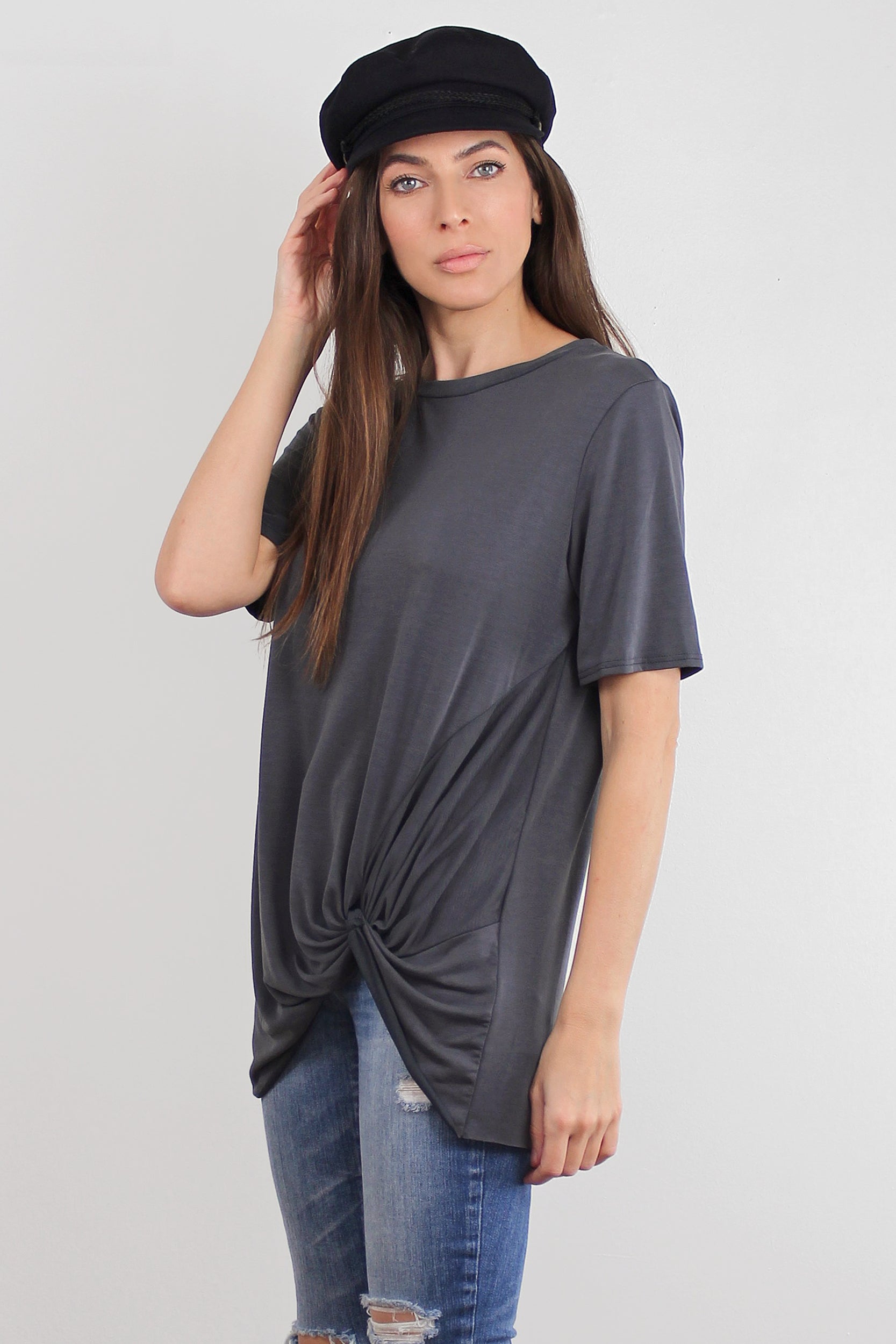 Knot front tee shirt, in dusty charcoal. Image 3